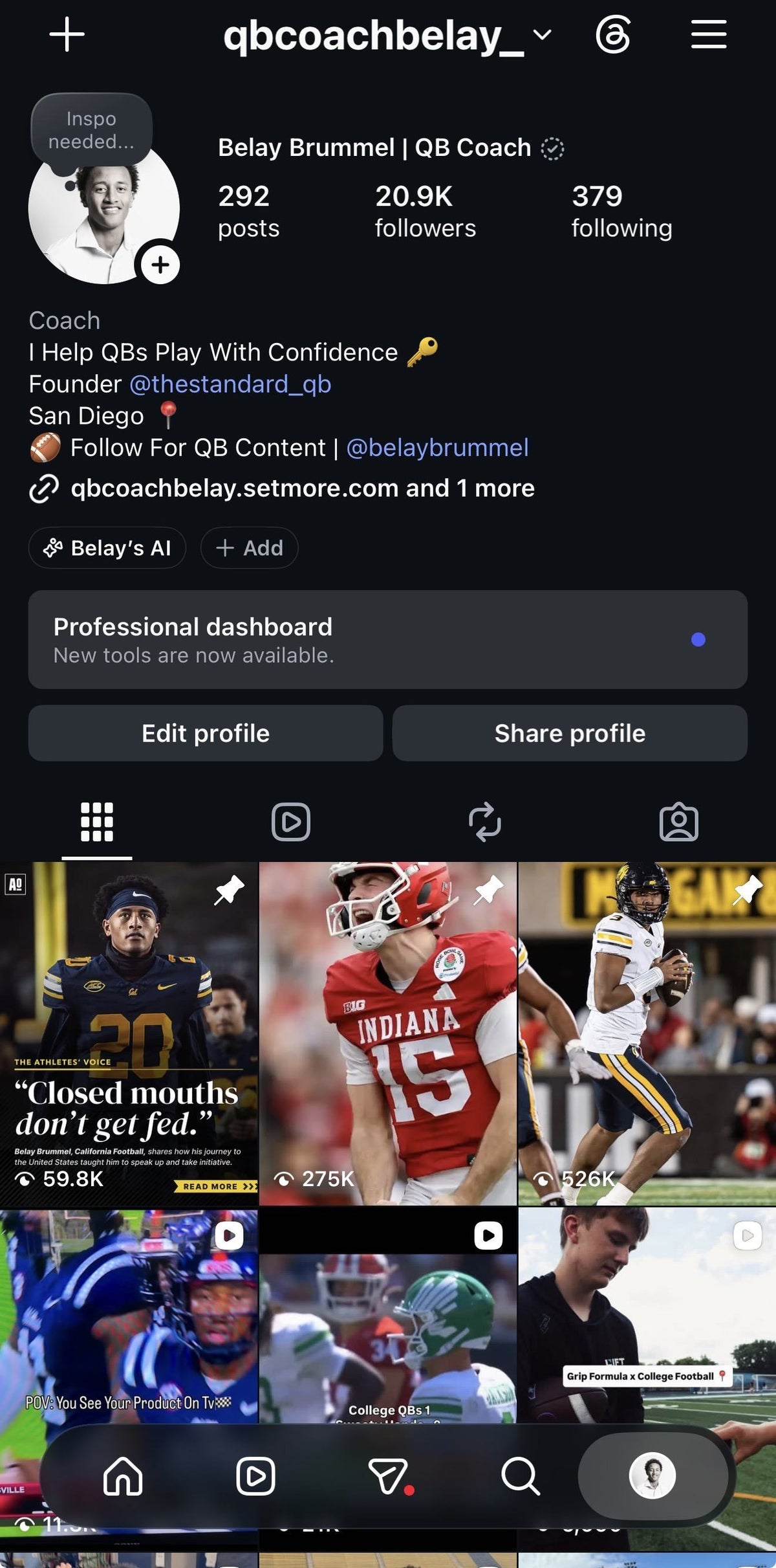 QB Coach Belay Instagram profile, 20.9K followers